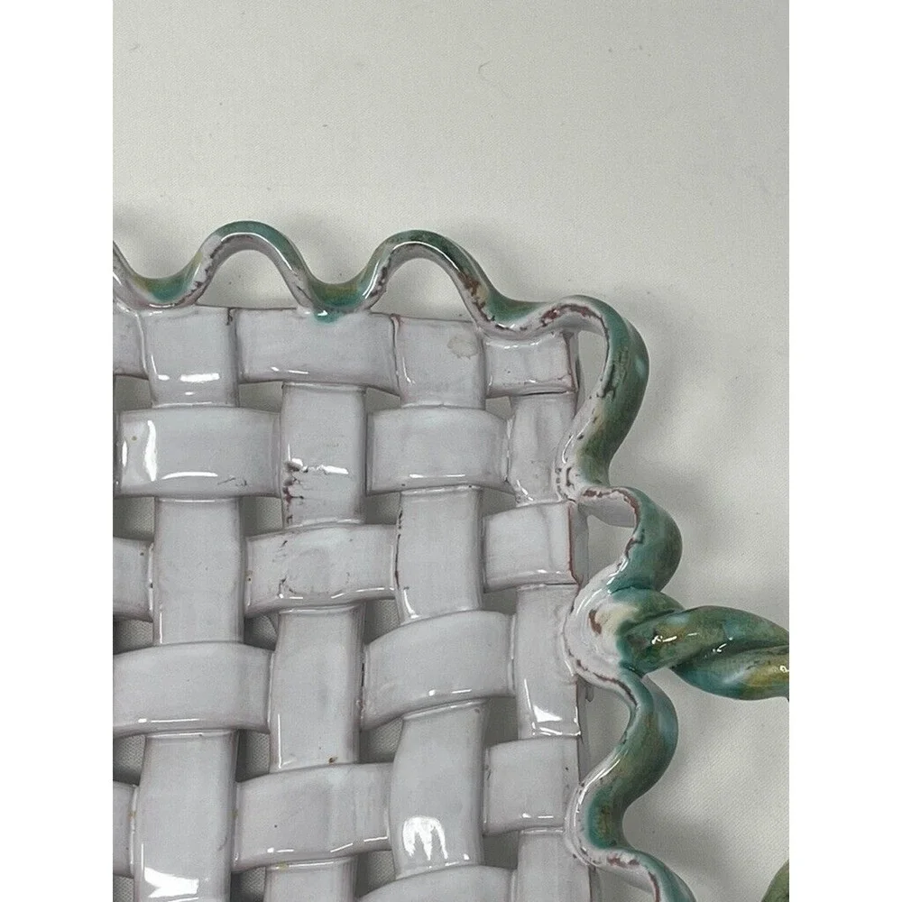 Vtg Italian Majolica Weave‎ Ceramic Decorative Tray Floral